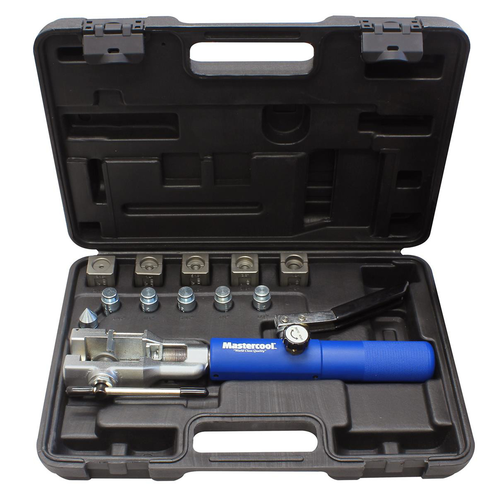 Mastercool 37-Degree Flaring Double Flare Hydraulic Tool Kit — Includes 3/16in., 1/4in., 5/16in., 3/8in., 1/2in. Dies and Adapters, Model# MSC72480